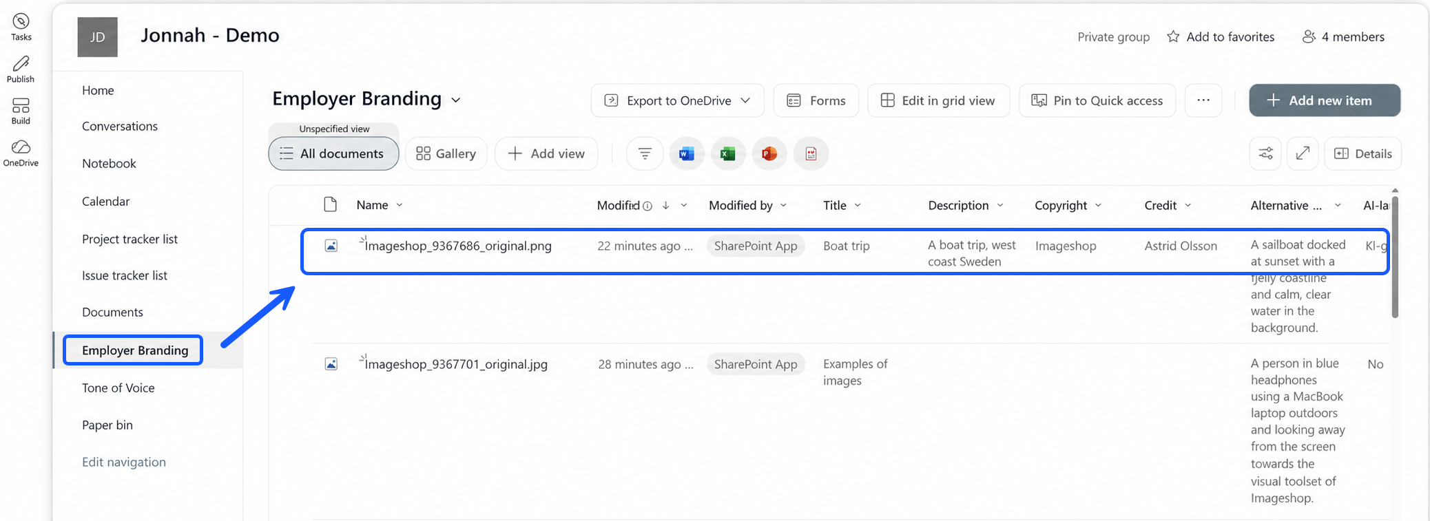 Transferred file in a SharePoint library
