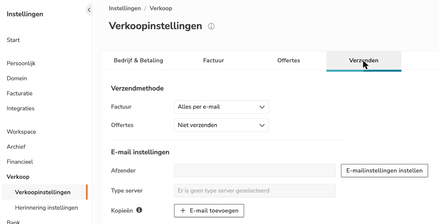 Verkoopinstellingen, tabblad Verzenden