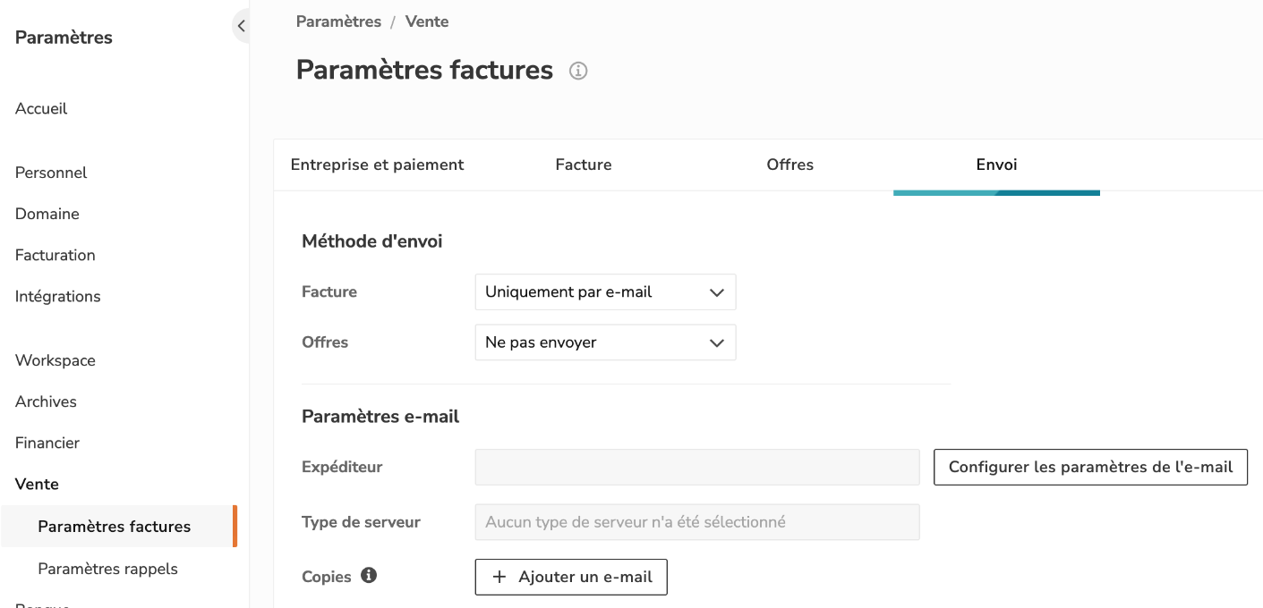 Paramètres factures, onglet Envoi