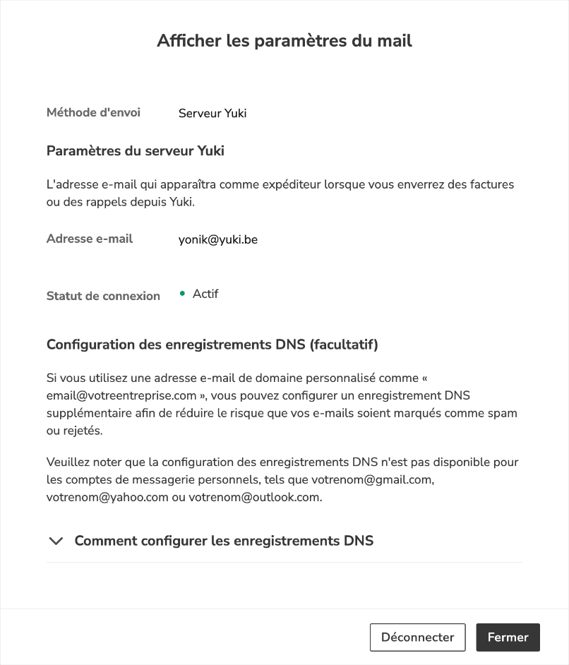 Afficher les paramètres du mail, configuration DNS