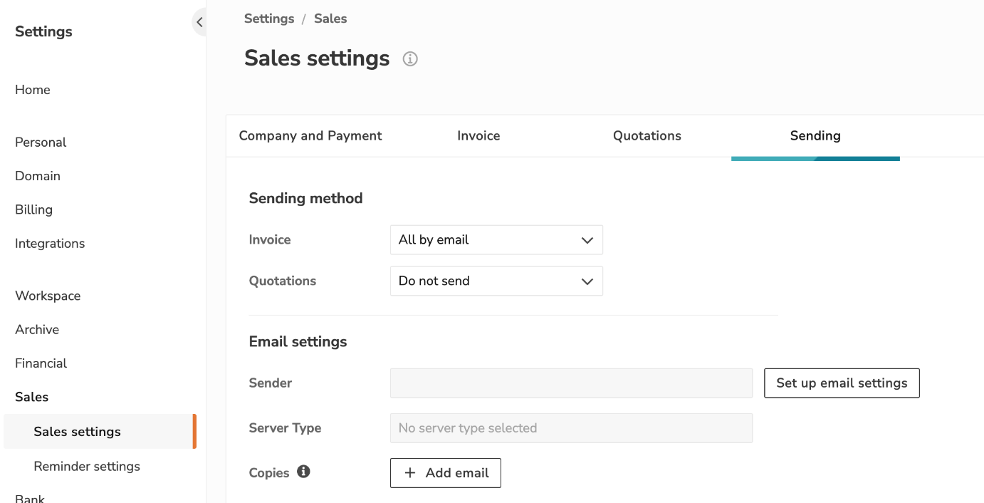 Sales settings, Sending tab