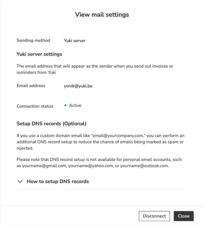 View mail settings, DNS records setup