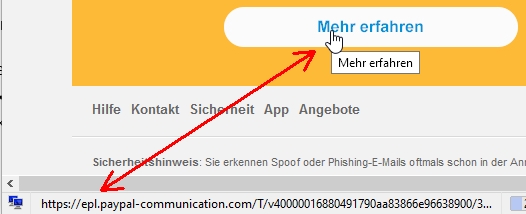 Den Mauszeiger für Infos positionieren: Die Mail stammt wirklich von Paypal.