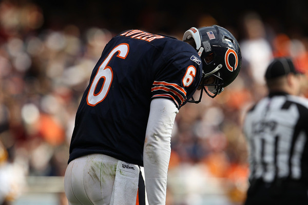CHICAGO - OCTOBER 24: Jay Cutler #6 of the Chicago Bears reacts after throwing an interception against the Washington Redskins at Soldier Field on October 24, 2010 in Chicago, Illinois. The Redskins defeated the Bears 17-14. (Photo by Jonathan Daniel/Getty Images) *** Local Caption *** Jay Cutler