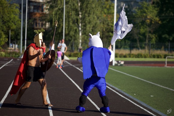 August 22, 2015 / Pushkin, Leningrad Region, Russia / Spartans and Griffins mascots on the sideline / © First&Goal (firstandgoal.ru) / Mikhail Klaviaturov