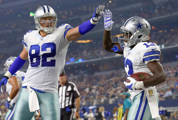 ARLINGTON, TX - AUGUST 29: Lucky Whitehead #13 of the Dallas Cowboys celebrates with Jason Witten #82 of the Dallas Cowboys after scoring a touchdown against the Minnesota Vikings in the second quarter on August 29, 2015 in Arlington, Texas. (Photo by Tom Pennington/Getty Images)