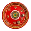 Beautiful steel puja thali Handpainted in orange and decorated with white,blue embellishment 