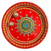Beautiful steel puja thali Handpainted in orange and decorated with white,blue and yellow embellishment 
