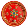 Beautiful steel puja thali Handpainted in orange and decorated with green,yellow embellishment 