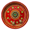 Beautiful steel puja thali Handpainted in Red and decorated with golden,green,blue embellishment 