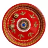 Beautiful steel puja thali Handpainted in Red and decorated with white,green,blue embellishment 