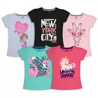 Mädchen-T-Shirt aus weichem Baumwollstoff und gerippten Bündchen, 5er-Pack