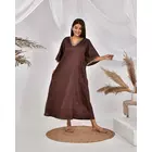 The Saffron Saga Solid 3/4 Sleeve Pure Cotton Nighty Chocolate Brown - S