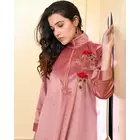The Saffron Saga Embroidered Three Fourth Sleeves Velvet Nighty Onion Pink - S