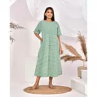 The Saffron Saga Striped Halfsleeves Pure Cotton Nighty Dress Green - S