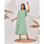 The Saffron Saga Striped Halfsleeves Pure Cotton Nighty Dress Green - S