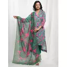 Rani Pink Green Cotton Tropical Print Kurta Set