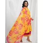 Yellow Fuchsia Pink Cotton Floral Kurta Set