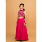 Conjunto de falda y top de lehenga de algodón fucsia y rosa liso Cord of Love (3-4 años)
