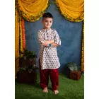 Conjunto de traje Pathani con estampado de bloques de algodón blanco y rojo para niño