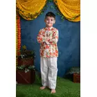 Orange & White Cotton Block Print Kurta Pyjama Set (3-4 Years)