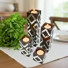 4-Piece Wooden Candle Holder Set - Brown & Silver Geometric Tea Light Holders