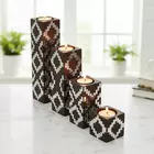 4-Piece Wooden Candle Holder Set - Brown & Silver Geometric Tea Light Holders