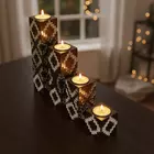 4-Piece Wooden Candle Holder Set - Brown & Silver Geometric Tea Light Holders