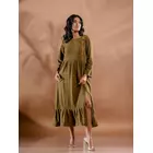 Aranya Embroidered Olive Green Kala Cotton Dress with Slit & Coral Slub Details