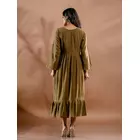 Aranya Embroidered Olive Green Kala Cotton Dress with Slit & Coral Slub Details