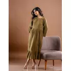 Aranya Embroidered Olive Green Kala Cotton Dress with Slit & Coral Slub Details