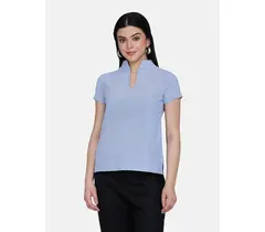 Power Sutra Baumwoll-Chambray-Top mit Schlitzkragen und hohem Kragen – Himmelblau