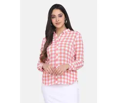 Power Sutra Baumwoll-Top mit Karomuster und Stehkragen – Pfirsichfarben