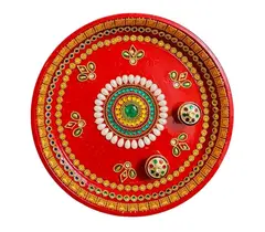 Beautiful steel puja thali Handpainted in orange and decorated with white,blue embellishment 