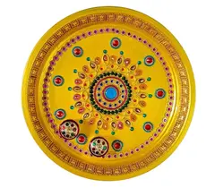 Beautiful steel puja thali Handpainted in golden and decorated with red,blue and green embellishment 