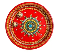 Beautiful steel puja thali Handpainted in orange and decorated with white,blue and yellow embellishment 