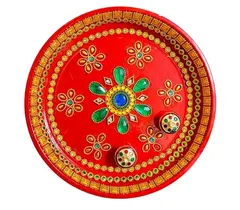 Beautiful steel puja thali Handpainted in orange and decorated with green,yellow embellishment 