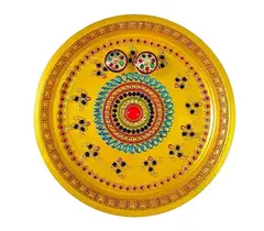 Beautiful steel puja thali Handpainted in Golden and decorated with red,blue embellishment 