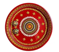 Beautiful steel puja thali Handpainted in Red and decorated with white, golden embellishment 