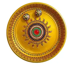 Beautiful steel puja thali Handpainted in Golden and decorated with golden,red,blue embellishment 