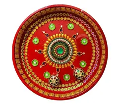 Beautiful steel puja thali Handpainted in Red and decorated with golden,green,blue embellishment 