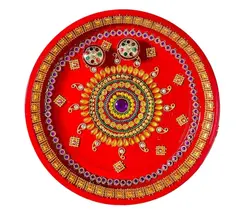 Beautiful steel puja thali Handpainted in orange and decorated with purple,yellow embellishment 