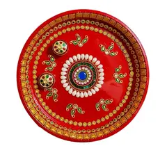Beautiful steel puja thali Handpainted in Red and decorated with white,green,blue embellishment 