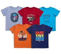 Minicult Cotton Half Sleeve Kids Tshirt with Chest Print and Bright Colors(Orange)(Pack of 5)