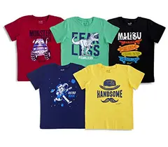 Minicult Kinder-T-Shirt aus Baumwolle mit halben Ärmeln, Brustaufdruck und leuchtenden Farben (mehrfarbig) (5er-Pack)