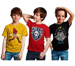 Minicult Baumwolle Jungen Halbarm Kinder T-Shirt mit Brustdruck und leuchtenden Farben (Mehrfarbig) (3er Pack) (Rot)