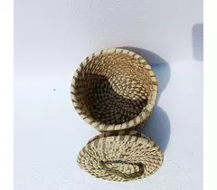 Natural Woven Grass Basket with Lid | Round Two-Tone Eco-Friendly Storage Box | Handmade Trinket Holder
