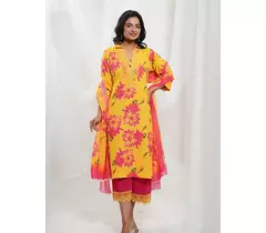 Yellow Fuchsia Pink Cotton Floral Kurta Set