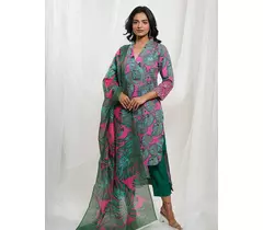 Rani Pink Green Cotton Tropical Print Kurta Set