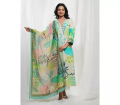Off White Neon Cotton Tropical Print Kurta Set